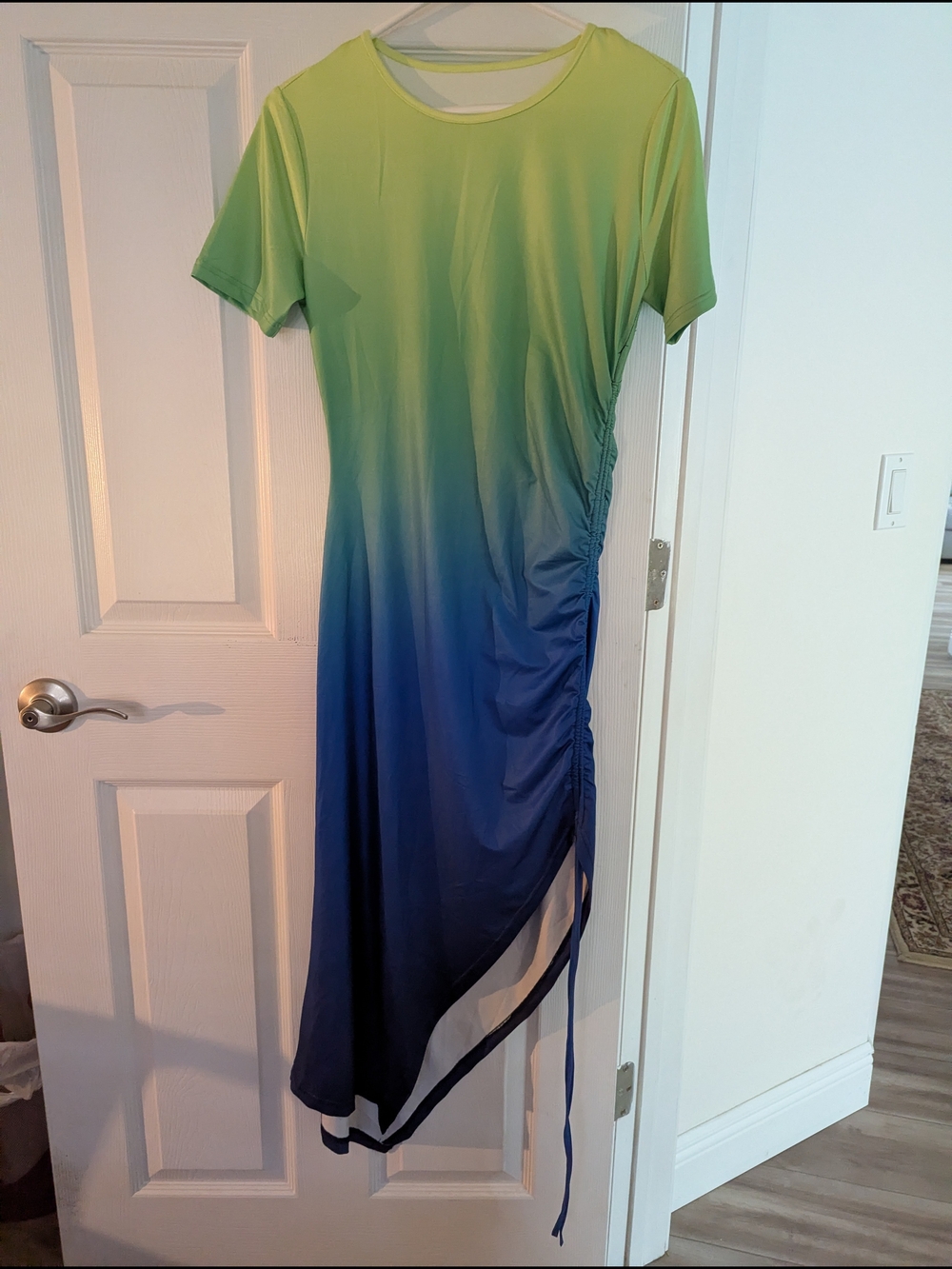 Ombre Green to Blue Ruched Side Midi Dress